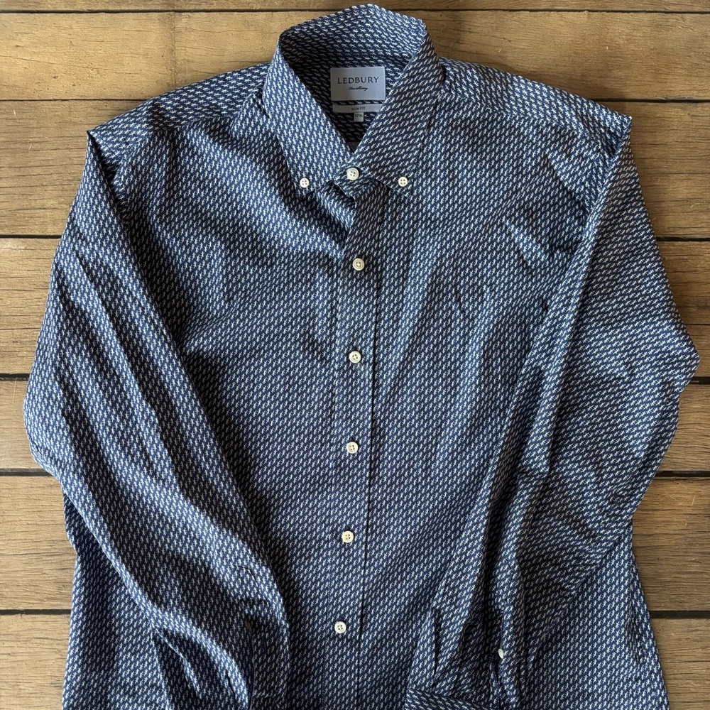Ledbury Men's 17.5 Neck Slim Fit Blue Patterned Button Down Shirt